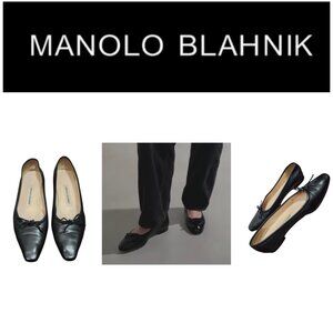 Manolo Blahnik black leather calfskin ballet flats with bows Size EU 38.5